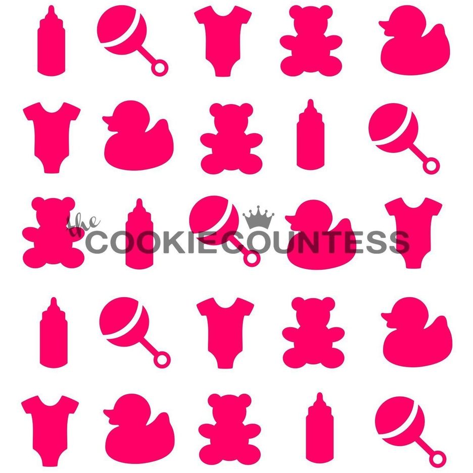Baby Items stencil van The Cookie Countess met baby-patroon voor het decoreren van babyshower koekjes