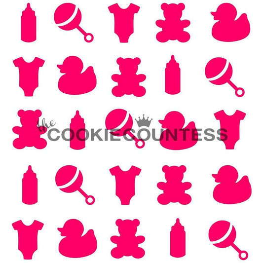 Baby Items stencil van The Cookie Countess met baby-patroon voor het decoreren van babyshower koekjes