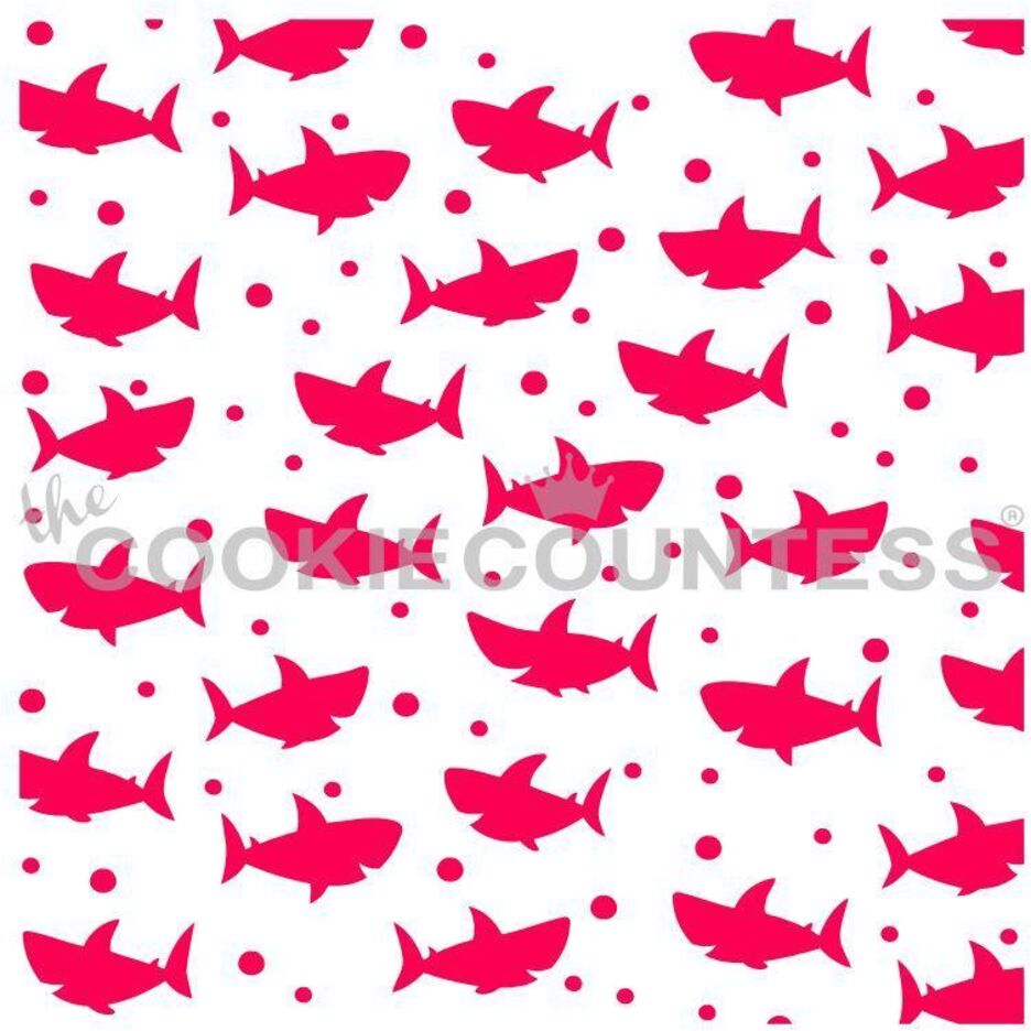 Baby Sharks stencil van The Cookie Countess met haaitjes-patroon voor het decoreren van koekjes