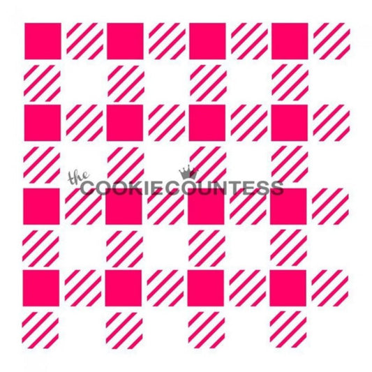 Buffalo Plaid stencil van The Cookie Countess met geblokt ruiten-patroon voor het decoreren van koekjes