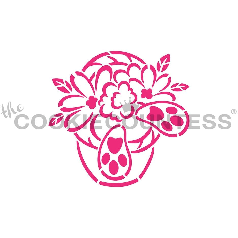 The Cookie Countess Bunny Butt in Basket PYO stencil ontwerp met schattig konijnenkondje in een mandje met bloemen in roze, leuk paasontwerp perfect voor het decoreren van paaskoekjes met airbrush of royal icing