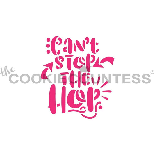 The Cookie Countess Can't Stop the Hop stencil ontwerp met speelse handlettering tekst in roze, leuk paasontwerp met konijntjes-thema perfect voor het decoreren van paaskoekjes met airbrush of royal icing