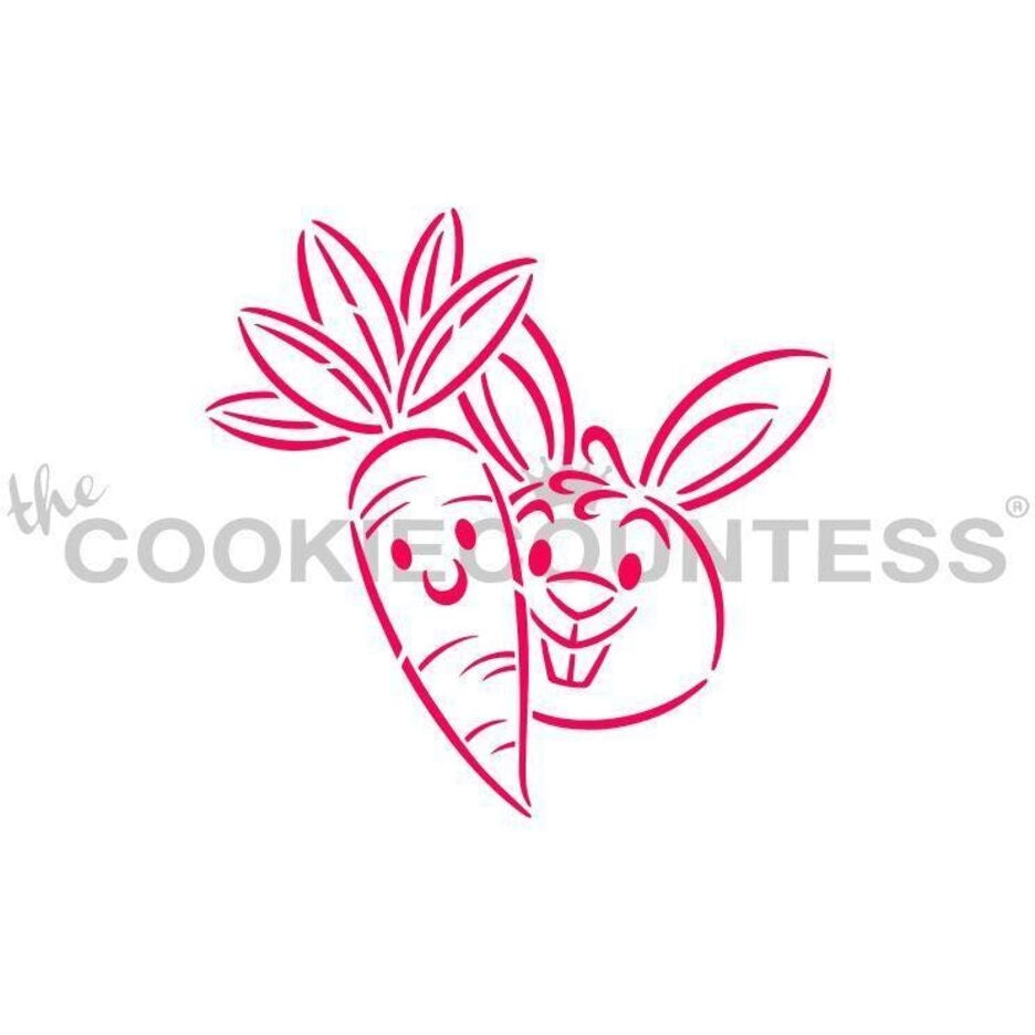 The Cookie Countess Carrot en Bunny Buddies PYO stencil ontwerp met schattig konijntje dat een wortel knuffelt in roze, vrolijk paasontwerp perfect voor het decoreren van paaskoekjes met airbrush of royal icing