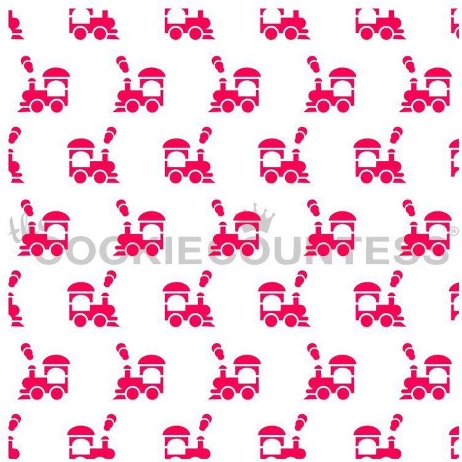 Choo Choo Trains stencil van The Cookie Countess met treintjes-patroon voor het decoreren van koekjes