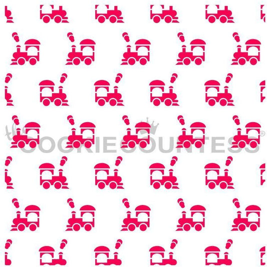 Choo Choo Trains stencil van The Cookie Countess met treintjes-patroon voor het decoreren van koekjes