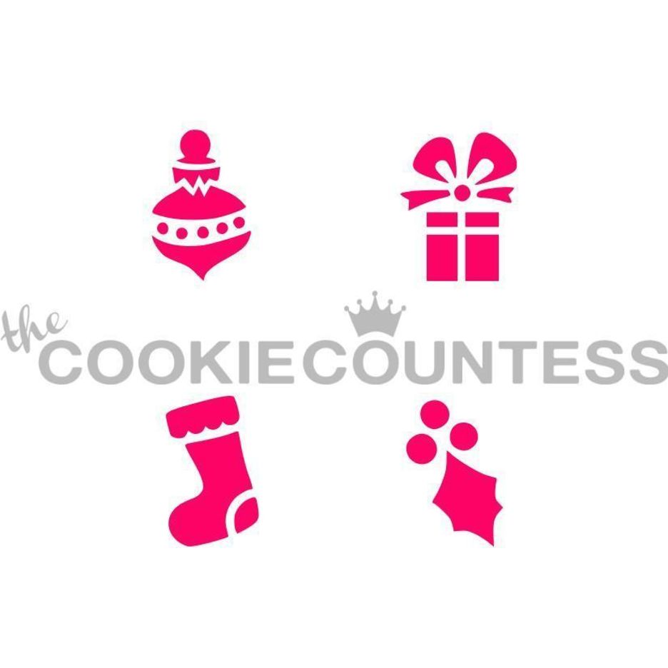 Christmas 4some stencil van The Cookie Countess met vier kerstontwerpen voor het decoreren van koekjes