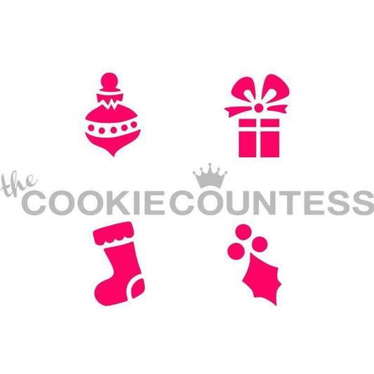 Christmas 4some stencil van The Cookie Countess met vier kerstontwerpen voor het decoreren van koekjes