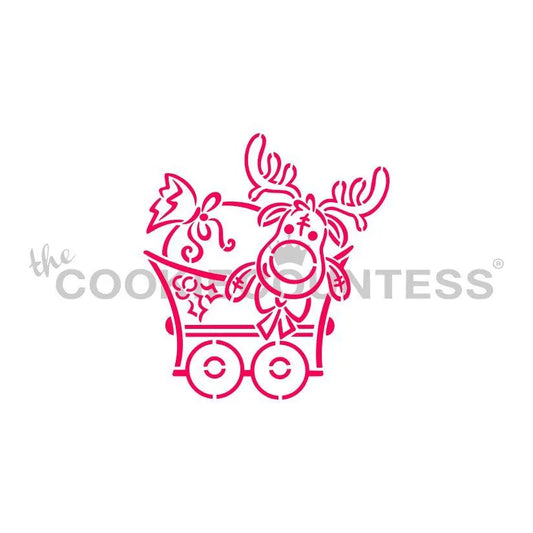 The Cookie Countess Christmas Train Moose PYO stencil ontwerp met schattige eland in een kersttreinwagon in roze, vrolijk kerstontwerp perfect voor het decoreren van kerstkoekjes met airbrush of royal icing