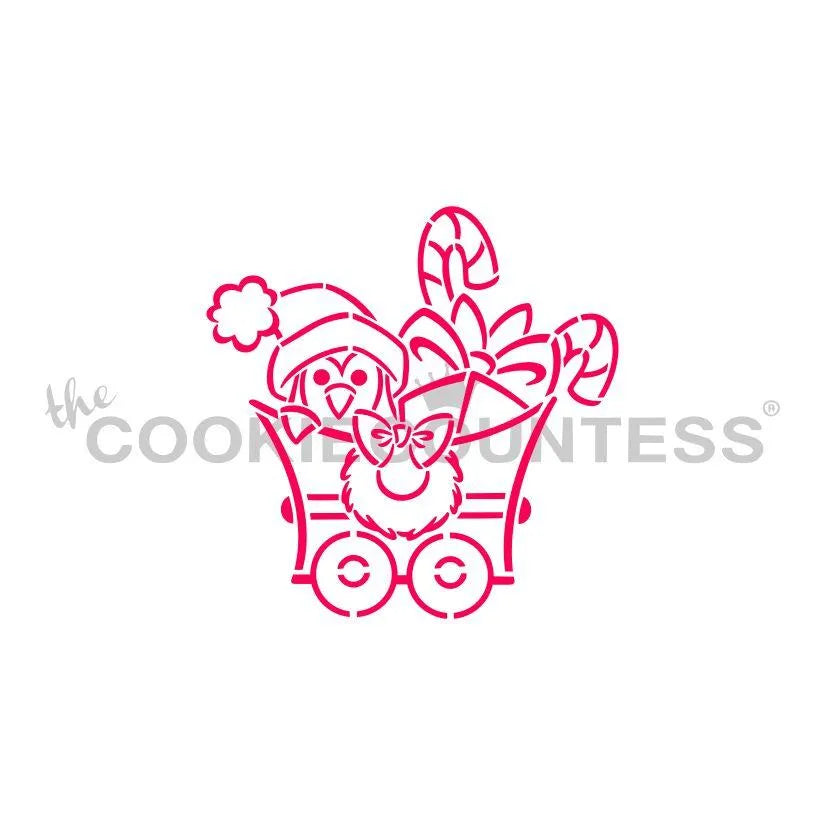 The Cookie Countess Christmas Train Penguin PYO Paint Your Own stencil ontwerp met schattige pinguïn met kerstmuts in een treinwagon met zuurstokken, leuk kerststencil om zelf in te kleuren op koekjes met eetbare verf