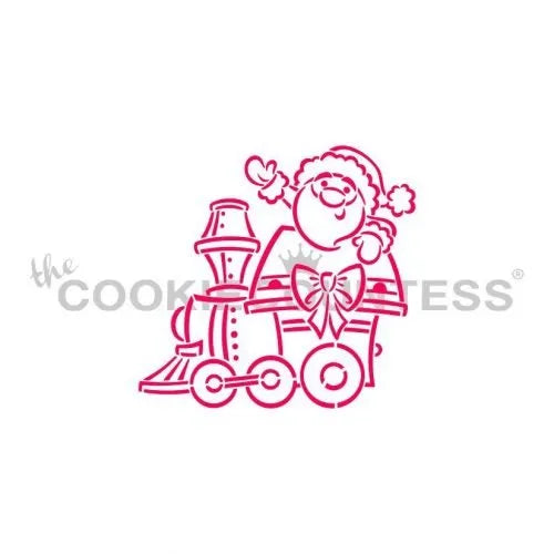 The Cookie Countess Christmas Train Santa Engine PYO stencil ontwerp met de Kerstman in een treinlocomotief in roze, vrolijk kerstontwerp perfect voor het decoreren van kerstkoekjes met airbrush of royal icing