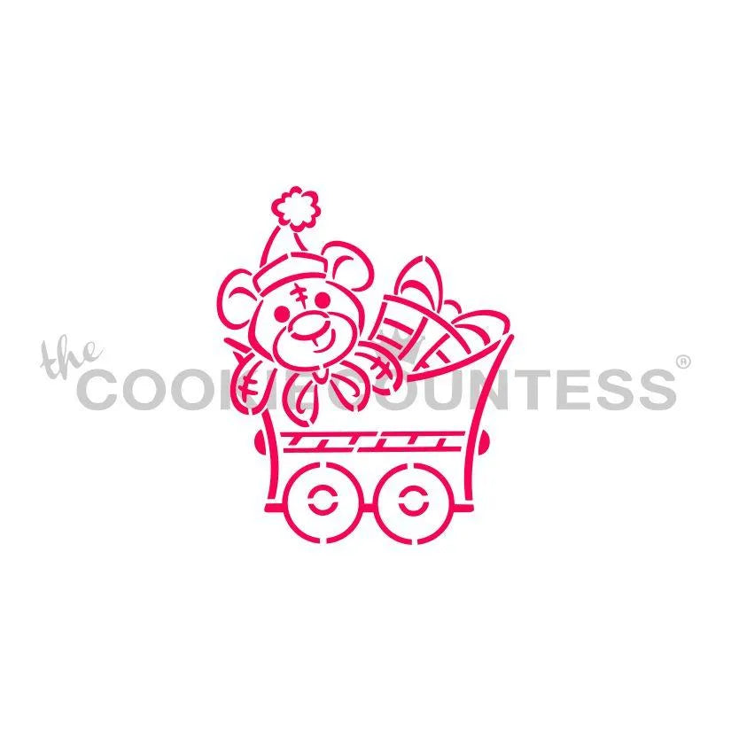 The Cookie Countess Christmas Train Teddy Bear stencil ontwerp met schattige teddybeer in een kersttrein wagon vol cadeautjes en zuurstok, leuk kerststencil voor het decoreren van koekjes met airbrush of royal icing