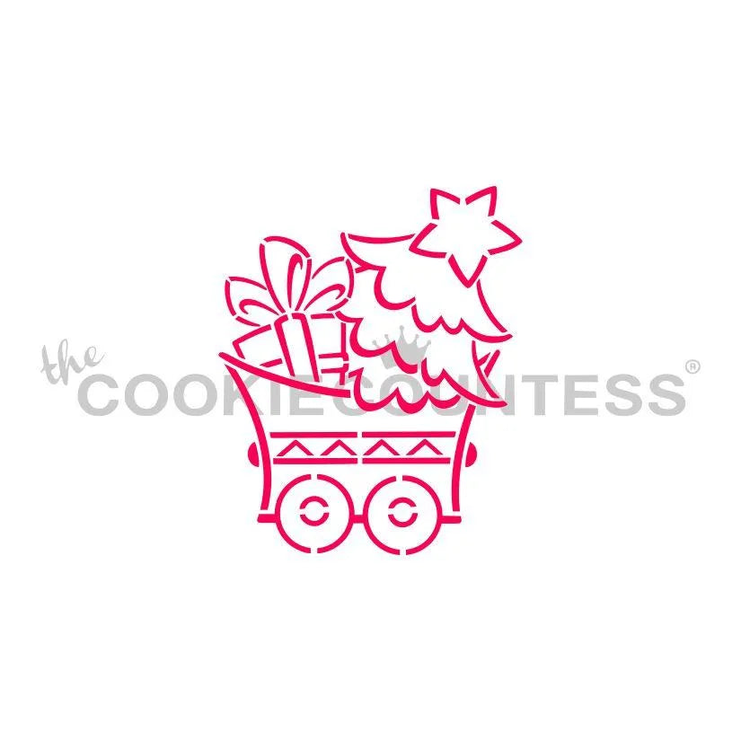 The Cookie Countess Christmas Train Tree PYO Paint Your Own stencil ontwerp met kerstboom en cadeau in een treinwagon, leuk kerststencil om zelf in te kleuren op koekjes met eetbare verf