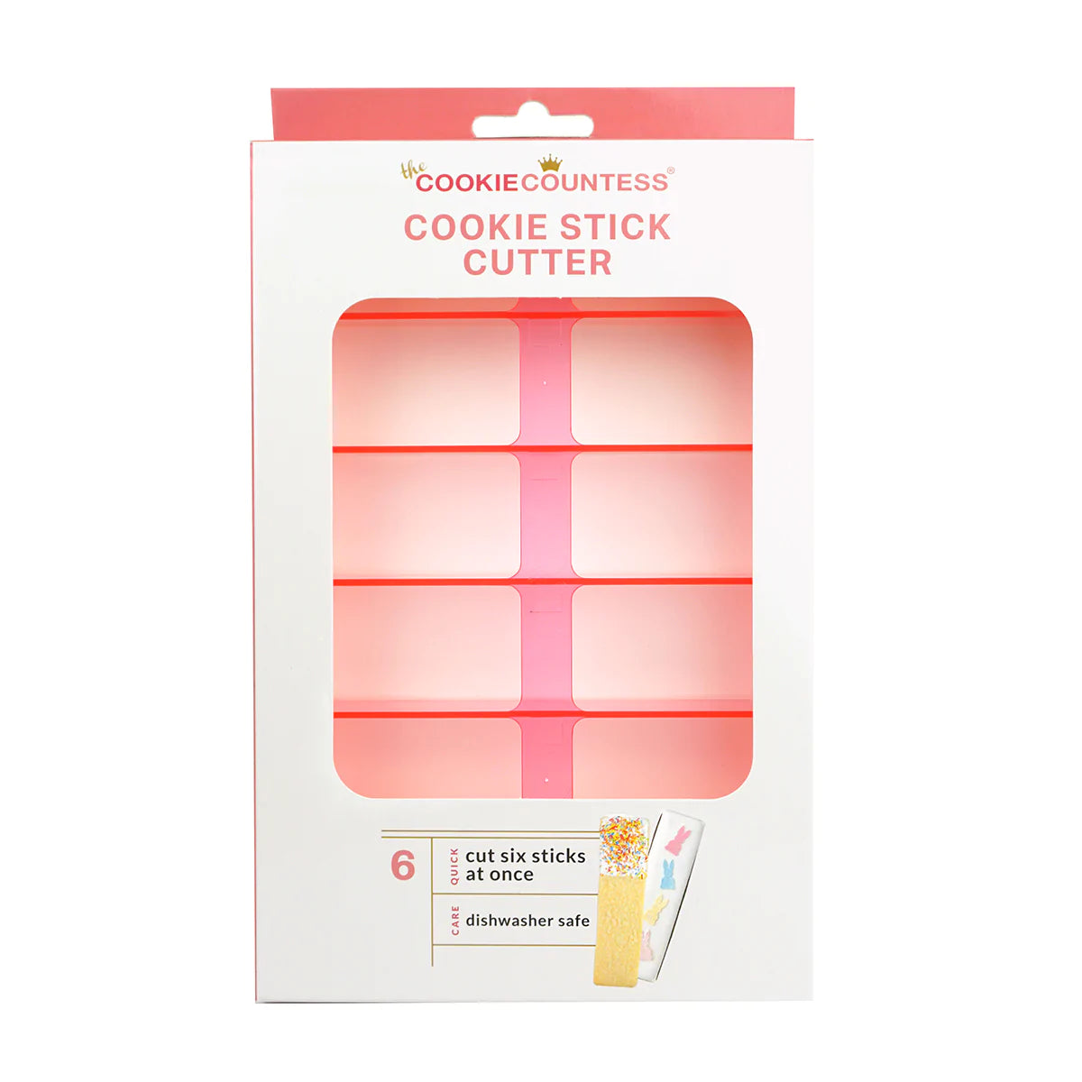 The Cookie Countess Cookie Stick Cutter verpakking, roze koekjesvorm in retailverpakking waarmee je 6 cookie sticks tegelijk uitsteekt, vaatwasmachinebestendig en ideaal voor het bakken van koekjessticks