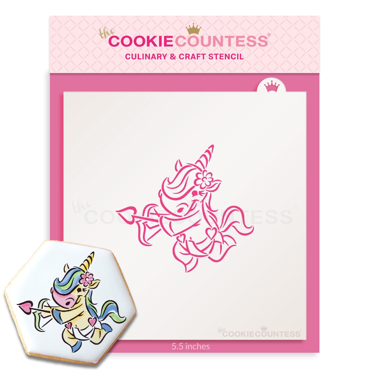 Cupid Unicorn PYO stencil van The Cookie Countess met cupido-eenhoorn voor paint your own valentijnskoekjes