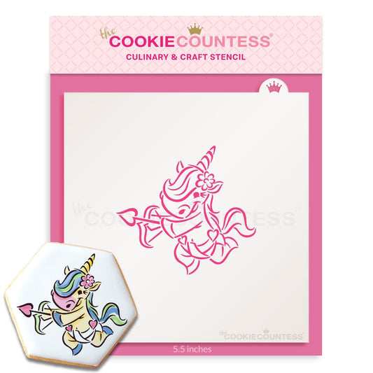 Cupid Unicorn PYO stencil van The Cookie Countess met cupido-eenhoorn voor paint your own valentijnskoekjes