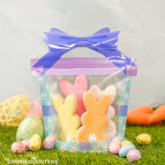 Easter decoratie zakje van The Cookie Countess met strik-handvat en ziplock voor het verpakken van paaskoekjes