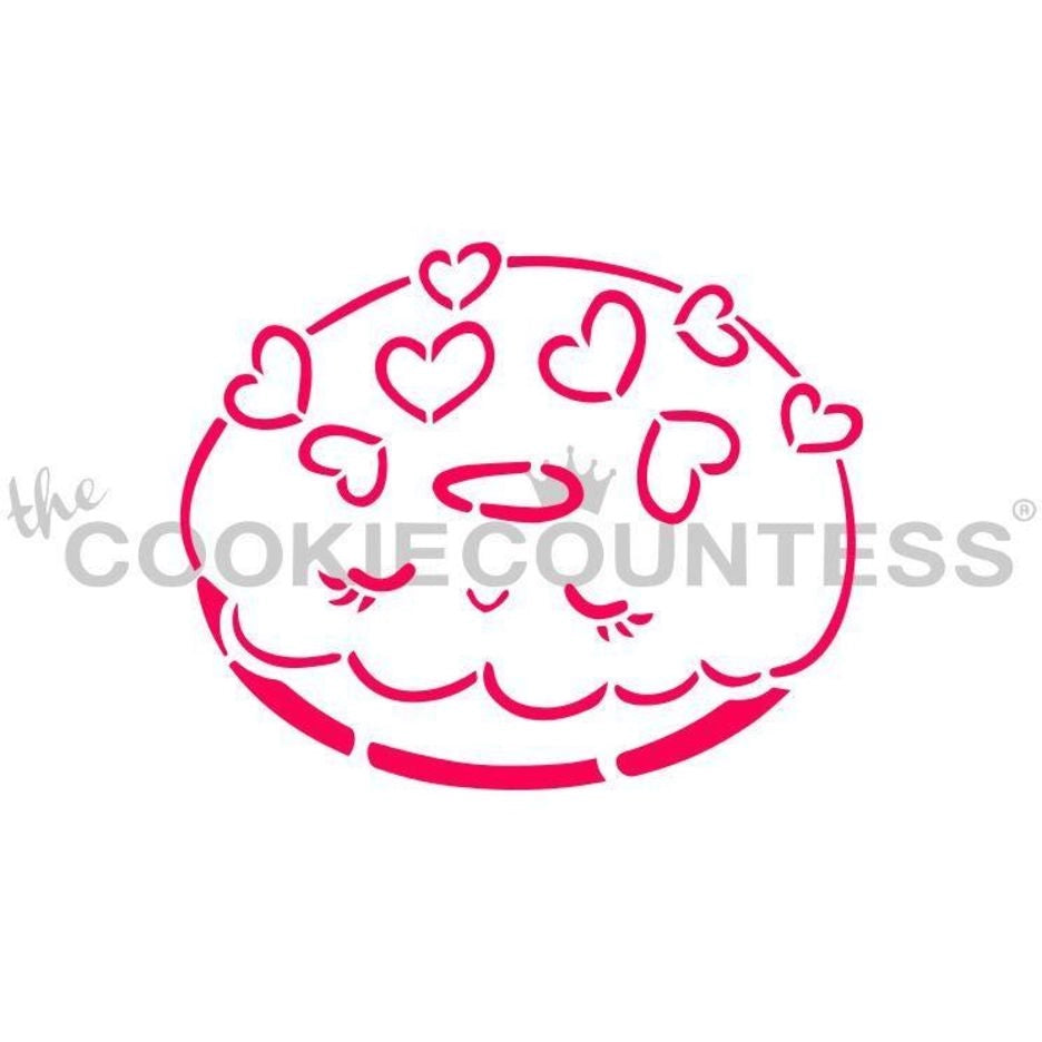 The Cookie Countess Donut PYO Bundle stencil ontwerp met schattige donut versierd met hartjes, Paint Your Own stencil om zelf in te kleuren op koekjes met eetbare verf, leuk voor Valentijnsdag en feestjes