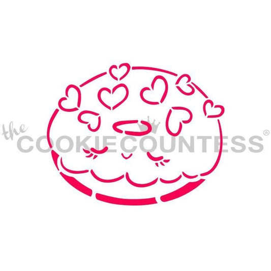 The Cookie Countess Donut PYO Bundle stencil ontwerp met schattige donut versierd met hartjes, Paint Your Own stencil om zelf in te kleuren op koekjes met eetbare verf, leuk voor Valentijnsdag en feestjes