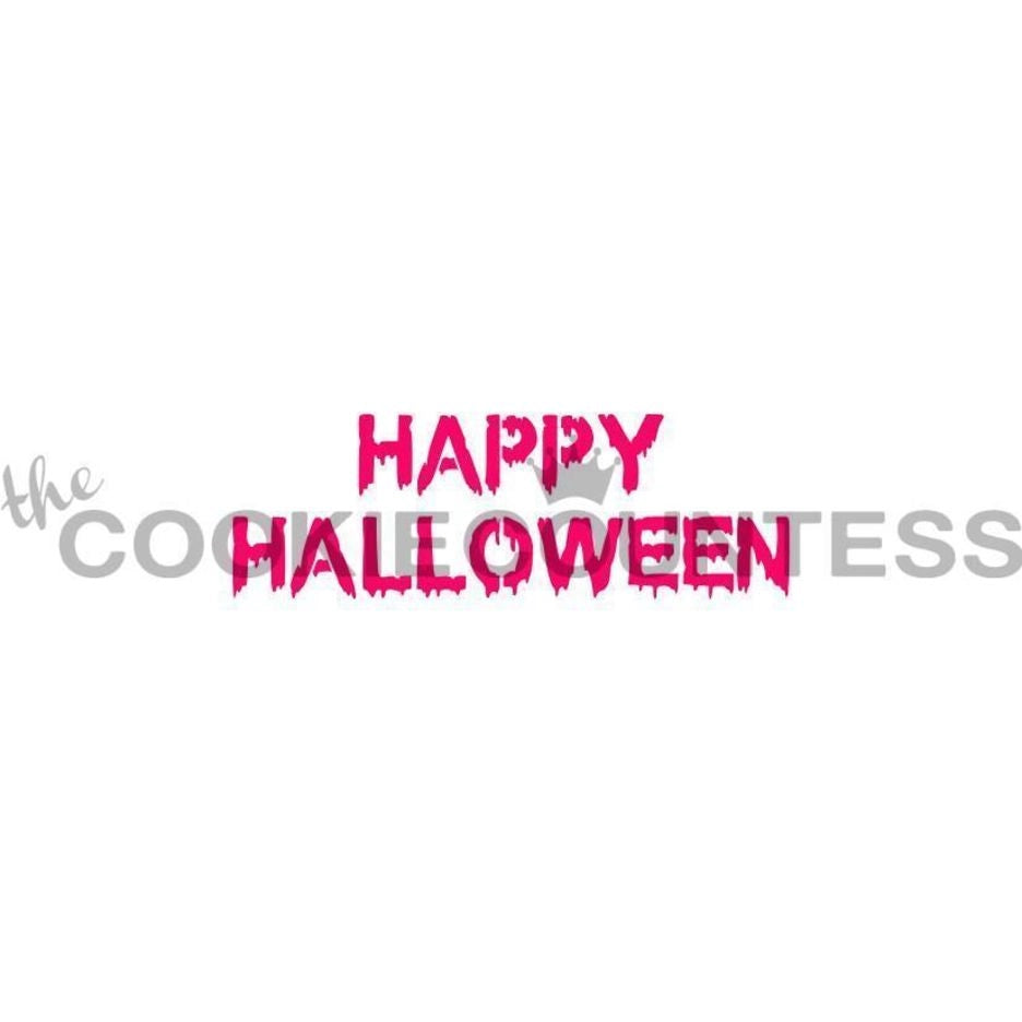 The Cookie Countess Dripping Halloween stencil ontwerp met Happy Halloween tekst in griezelig druppend lettertype, perfect voor het decoreren van Halloween koekjes met airbrush of royal icing
