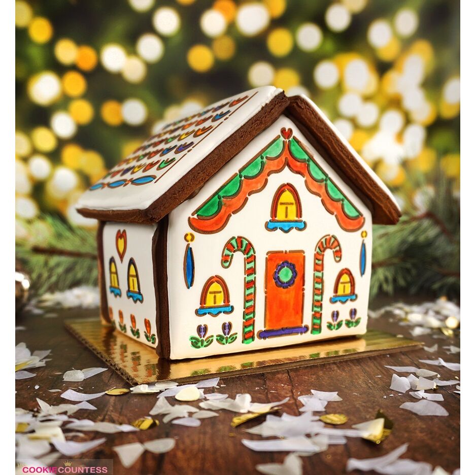 Gingerbread House Kit van The Cookie Countess met uitstekers en stencils voor een PYO kersthuisje