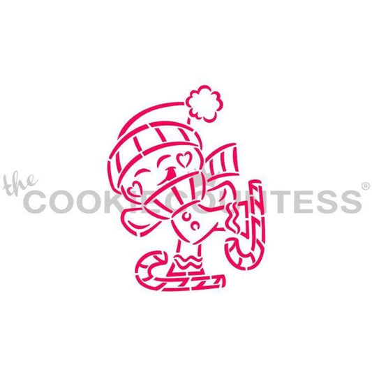 The Cookie Countess Gingerbread Ice Skating stencil ontwerp met schattig gingerbread mannetje op schaatsen met sjaal en muts, perfect voor het decoreren van kerstkoekjes met airbrush of royal icing