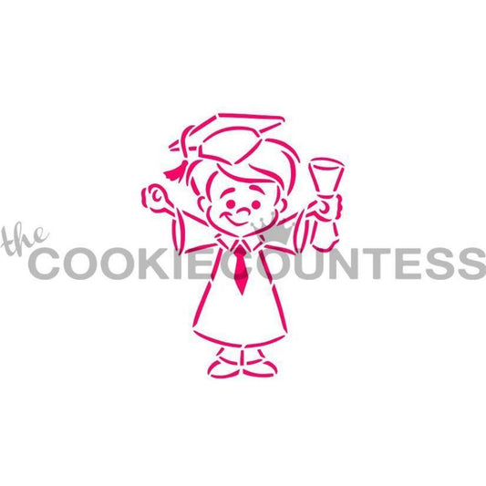 Graduate Boy PYO stencil van The Cookie Countess met afgestudeerde jongen voor paint your own koekjes