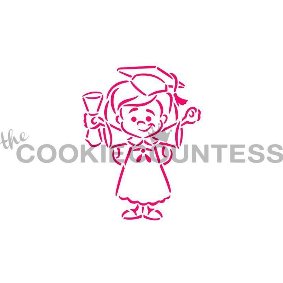 Graduate Girl PYO stencil van The Cookie Countess met afgestudeerd meisje voor paint your own koekjes