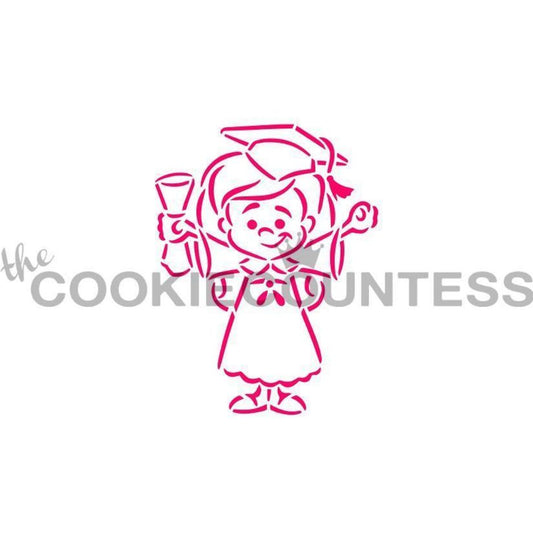 Graduate Girl PYO stencil van The Cookie Countess met afgestudeerd meisje voor paint your own koekjes