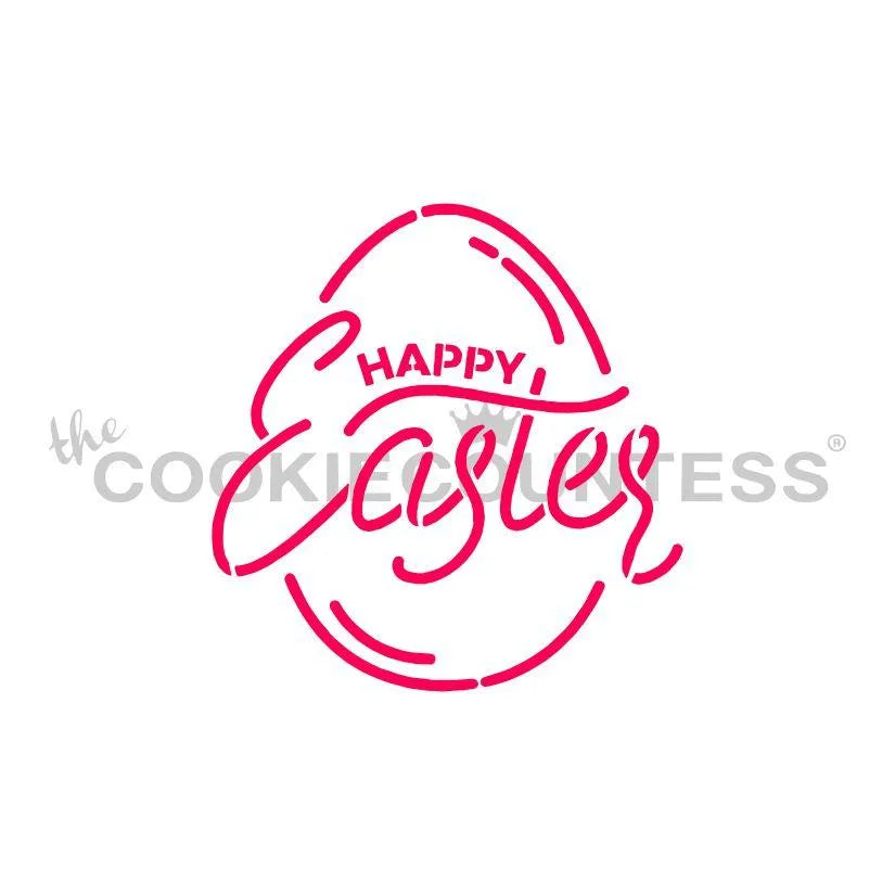 The Cookie Countess Happy Easter PYO (Paint Your Own) stencil ontwerp met sierlijke Happy Easter tekst in een paasei-vorm in roze, perfect voor het decoreren van paaskoekjes met airbrush of royal icing