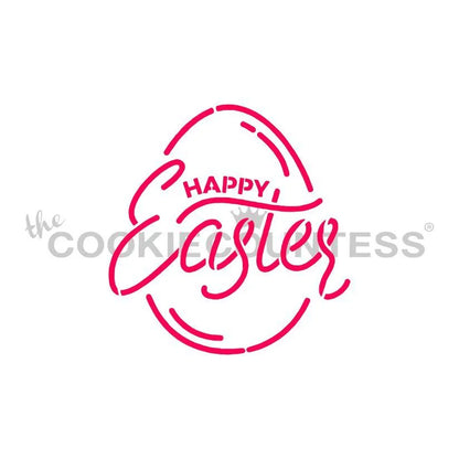 The Cookie Countess Happy Easter PYO (Paint Your Own) stencil ontwerp met sierlijke Happy Easter tekst in een paasei-vorm in roze, perfect voor het decoreren van paaskoekjes met airbrush of royal icing
