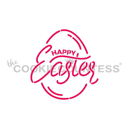 The Cookie Countess Happy Easter PYO (Paint Your Own) stencil ontwerp met sierlijke Happy Easter tekst in een paasei-vorm in roze, perfect voor het decoreren van paaskoekjes met airbrush of royal icing