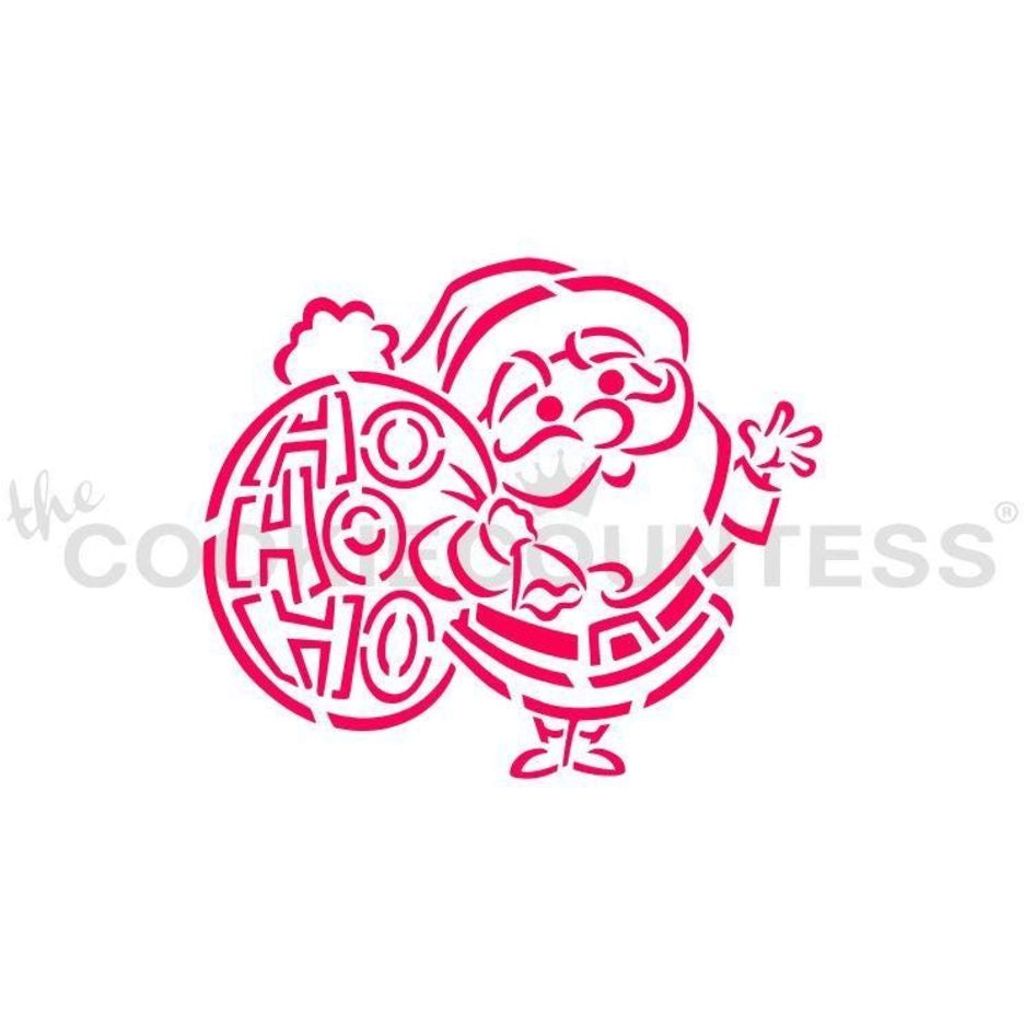 The Cookie Countess Ho Ho Ho Santa PYO (Paint Your Own) stencil ontwerp met kerstman en Ho Ho Ho tekst in rond ontwerp, perfect voor het schilderen op koekjes met eetbare verf als kerst decoratie