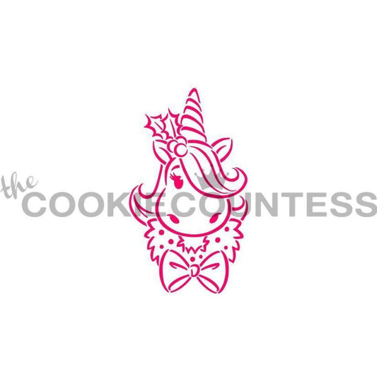 Holiday Unicorn PYO stencil van The Cookie Countess met kerst-eenhoorn voor paint your own koekjes