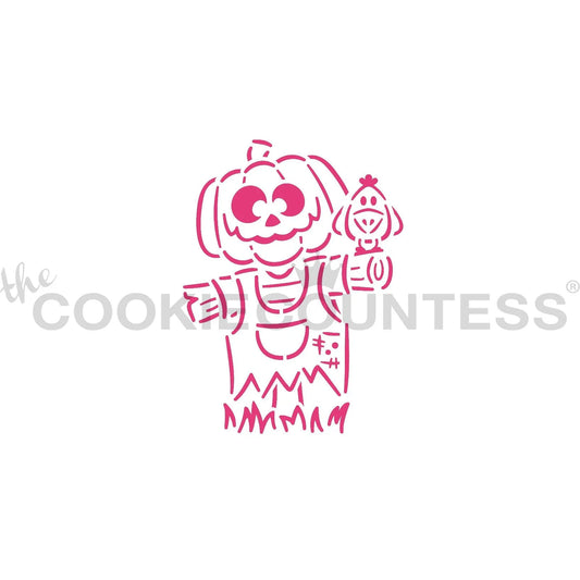 The Cookie Countess Jack the Scarecrow PYO Paint Your Own stencil ontwerp met schattige vogelverschrikker met pompoenhoofd en vogeltje, halloweenstencil om zelf in te kleuren op koekjes met eetbare verf