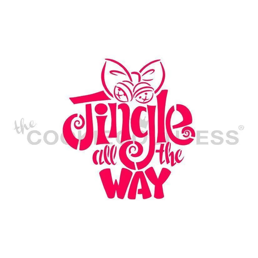 The Cookie Countess Jingle All the Way stencil ontwerp met rode sierlijke tekst en kerstbellen met strik, feestelijk kerststencil voor het decoreren van koekjes met airbrush of royal icing