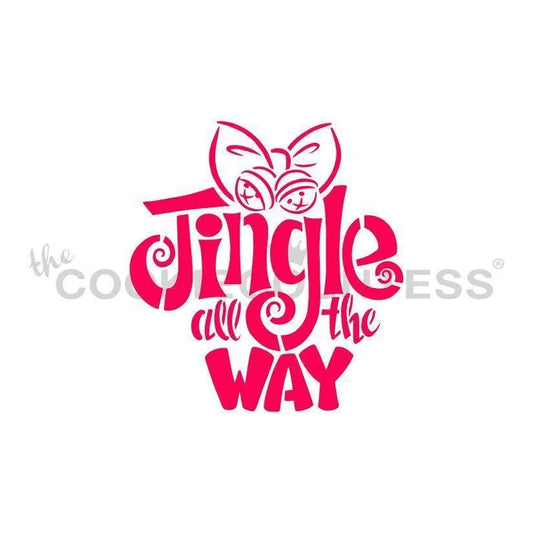 The Cookie Countess Jingle All the Way stencil ontwerp met rode sierlijke tekst en kerstbellen met strik, feestelijk kerststencil voor het decoreren van koekjes met airbrush of royal icing