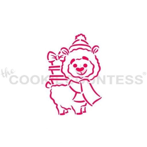 The Cookie Countess Llama Carrying Presents stencil ontwerp met schattige lama die cadeautjes draagt en een kerstmuts op heeft, perfect voor het decoreren van kerst koekjes met airbrush of royal icing