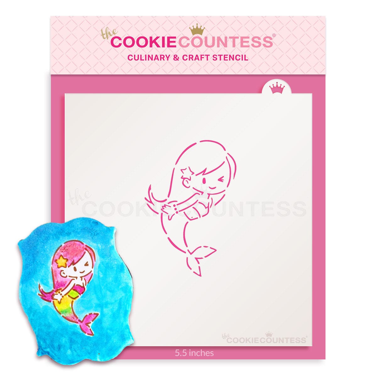 Magical Mermaid PYO stencil van The Cookie Countess met zeemeermin-patroon voor paint your own koekjes