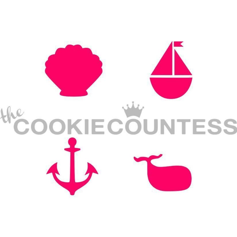 Nautical 4some stencil van The Cookie Countess met vier maritieme ontwerpen voor het decoreren van koekjes