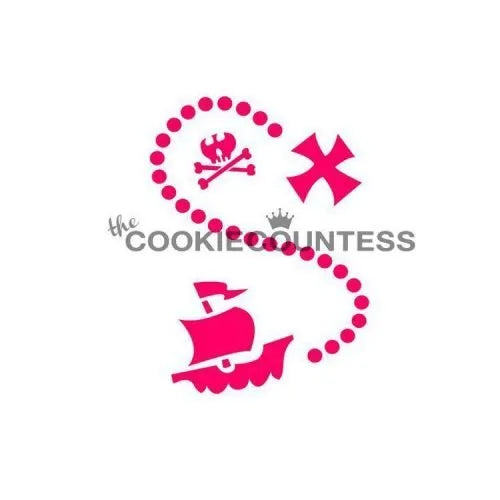 The Cookie Countess Pirate Map stencil ontwerp met schatkaart route, piratenschip, schedel met gekruiste beenderen en X-markering, leuk piratenstencil voor het decoreren van koekjes met airbrush of royal icing