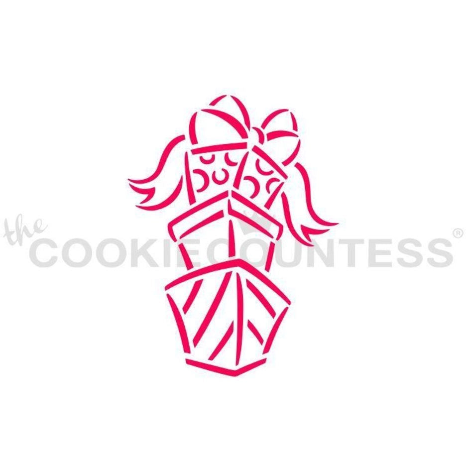 The Cookie Countess Present Stack PYO (Paint Your Own) stencil ontwerp met gestapelde cadeautjes en grote strik, perfect voor het schilderen op koekjes met eetbare verf als kerst of verjaardag decoratie