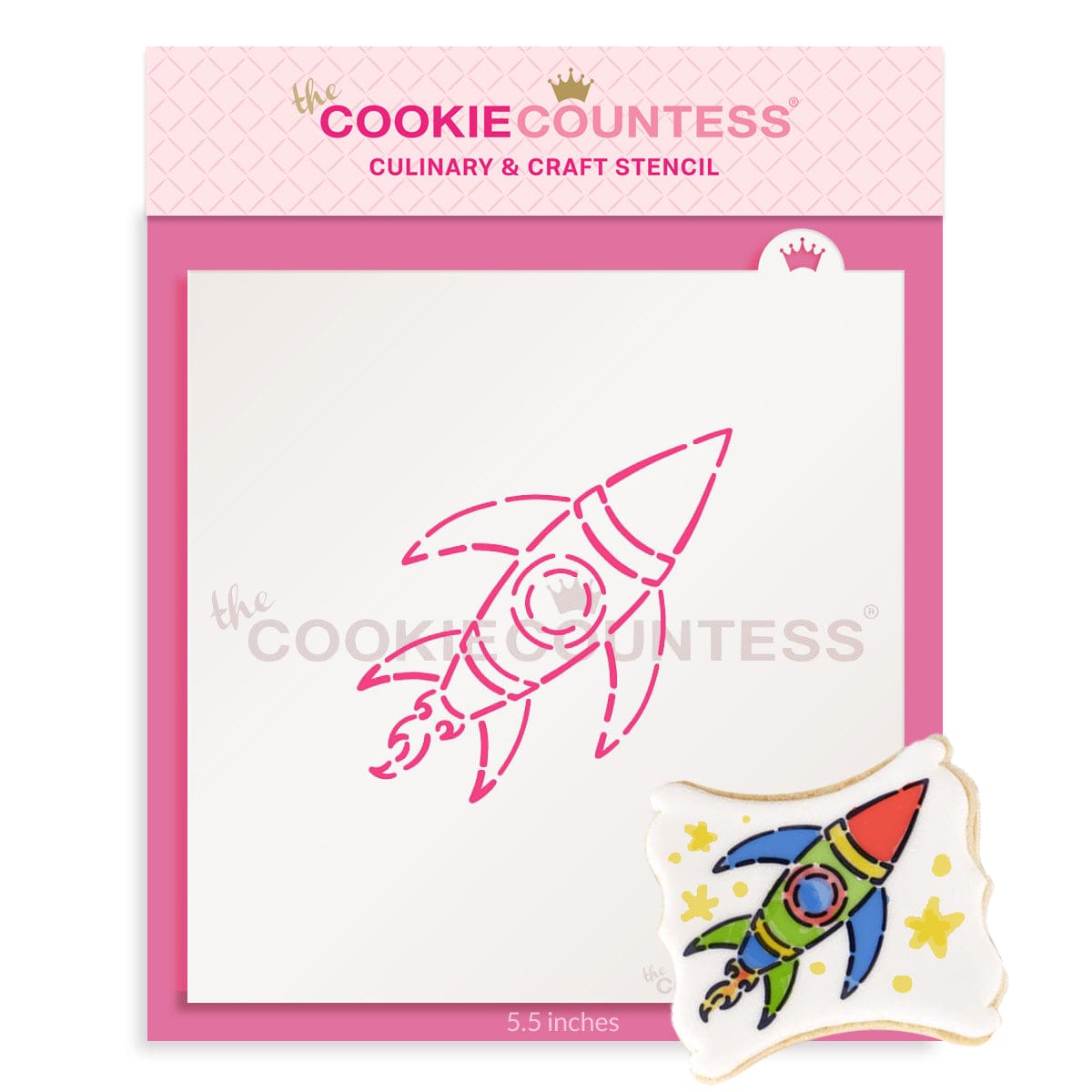 Rocket Ship PYO stencil van The Cookie Countess met raket-ontwerp voor paint your own koekjes