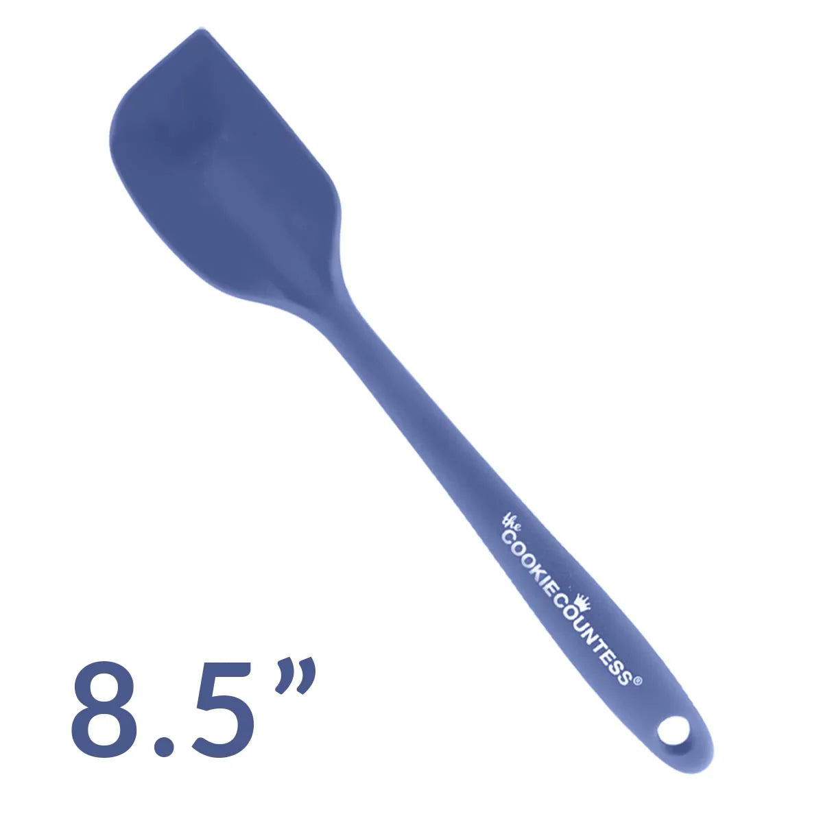 The Cookie Countess siliconen spatula in blauw, 8.5 inch flexibele spatel met The Cookie Countess logo, ideaal voor het mengen en aanbrengen van royal icing bij het decoreren van koekjes