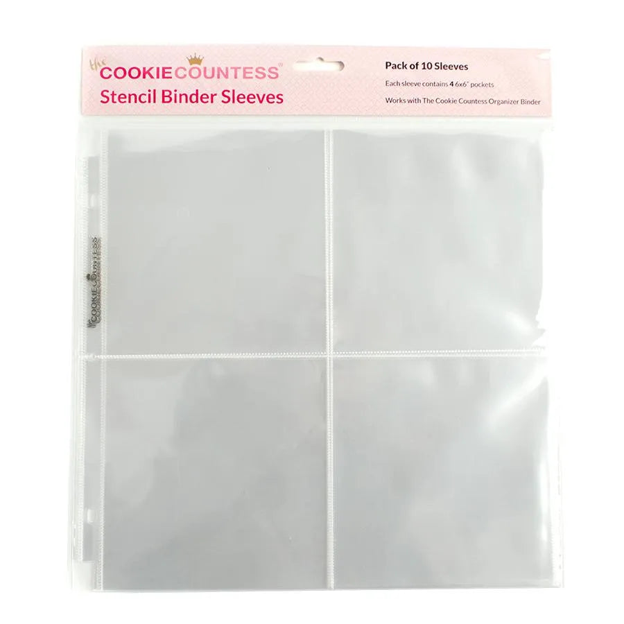The Cookie Countess Stencil Binder Sleeves, pak van 10 transparante beschermhoezen met elk 4 vakken voor het opbergen van koekjesstencils in een ringband, ideale stencil opbergoplossing