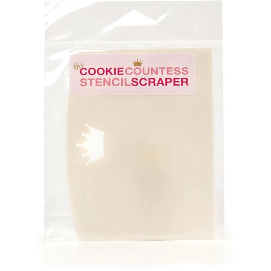 The Cookie Countess Stencil Scraper in doorzichtige verpakking met kroon logo, flexibele kunststof scraper voor het strak aanbrengen van royal icing op koekjes met stencils