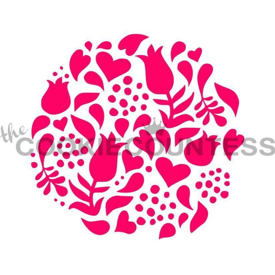 Tulips and Hearts stencil van The Cookie Countess met tulpen- en hartjes-patroon voor het decoreren van koekjes