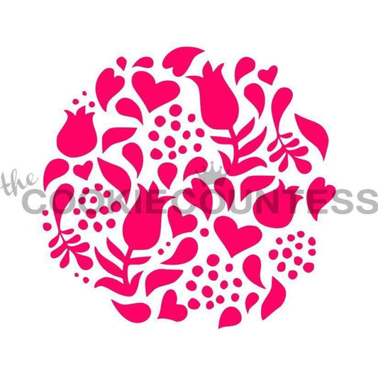 Tulips and Hearts stencil van The Cookie Countess met tulpen- en hartjes-patroon voor het decoreren van koekjes