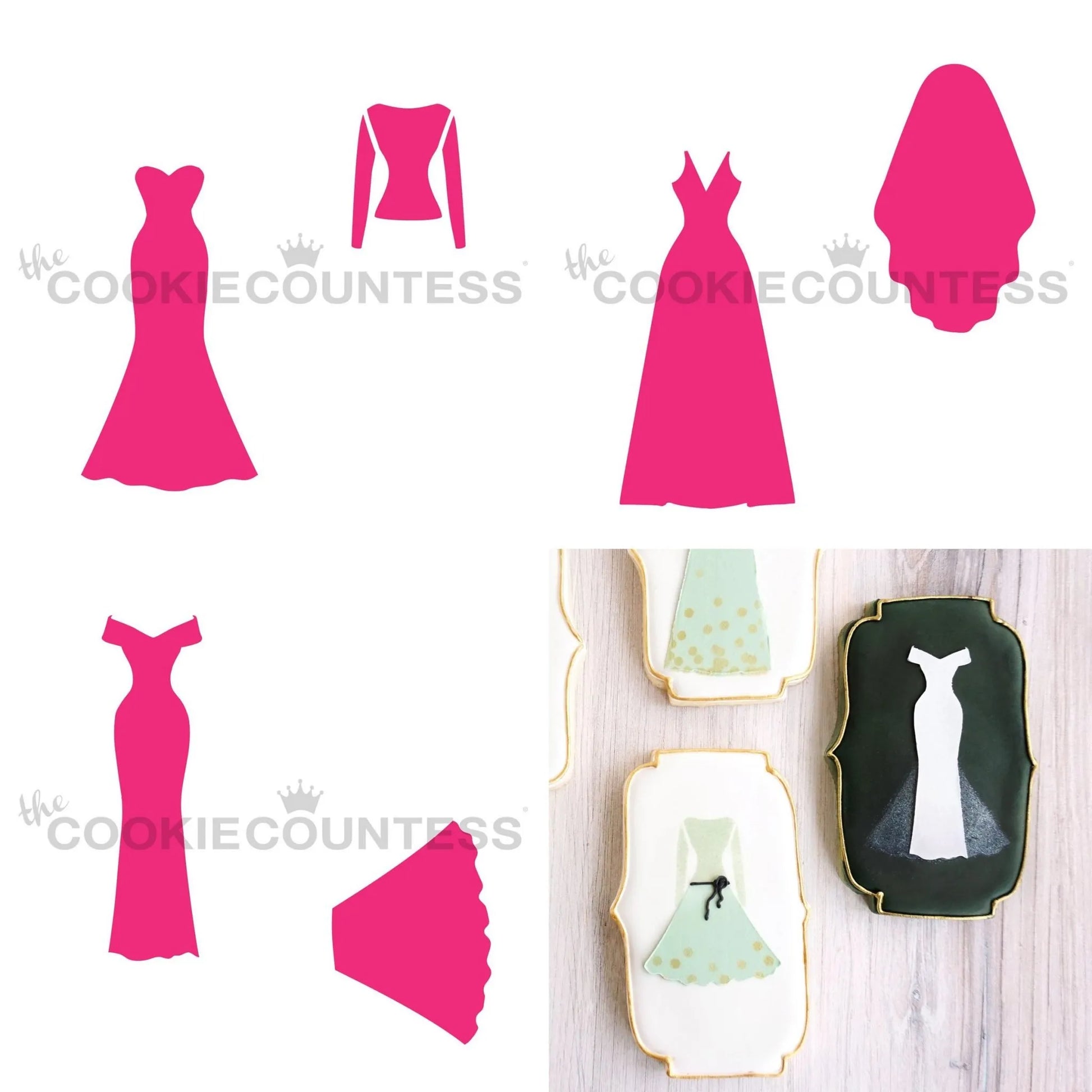 The Cookie Countess Wedding Dress Making stencil set overzicht met alle jurk silhouetten en sfeerbeelden van gedecoreerde bruiloft koekjes, complete set met avondjurken, trouwjurk, sluier en topje stencils
