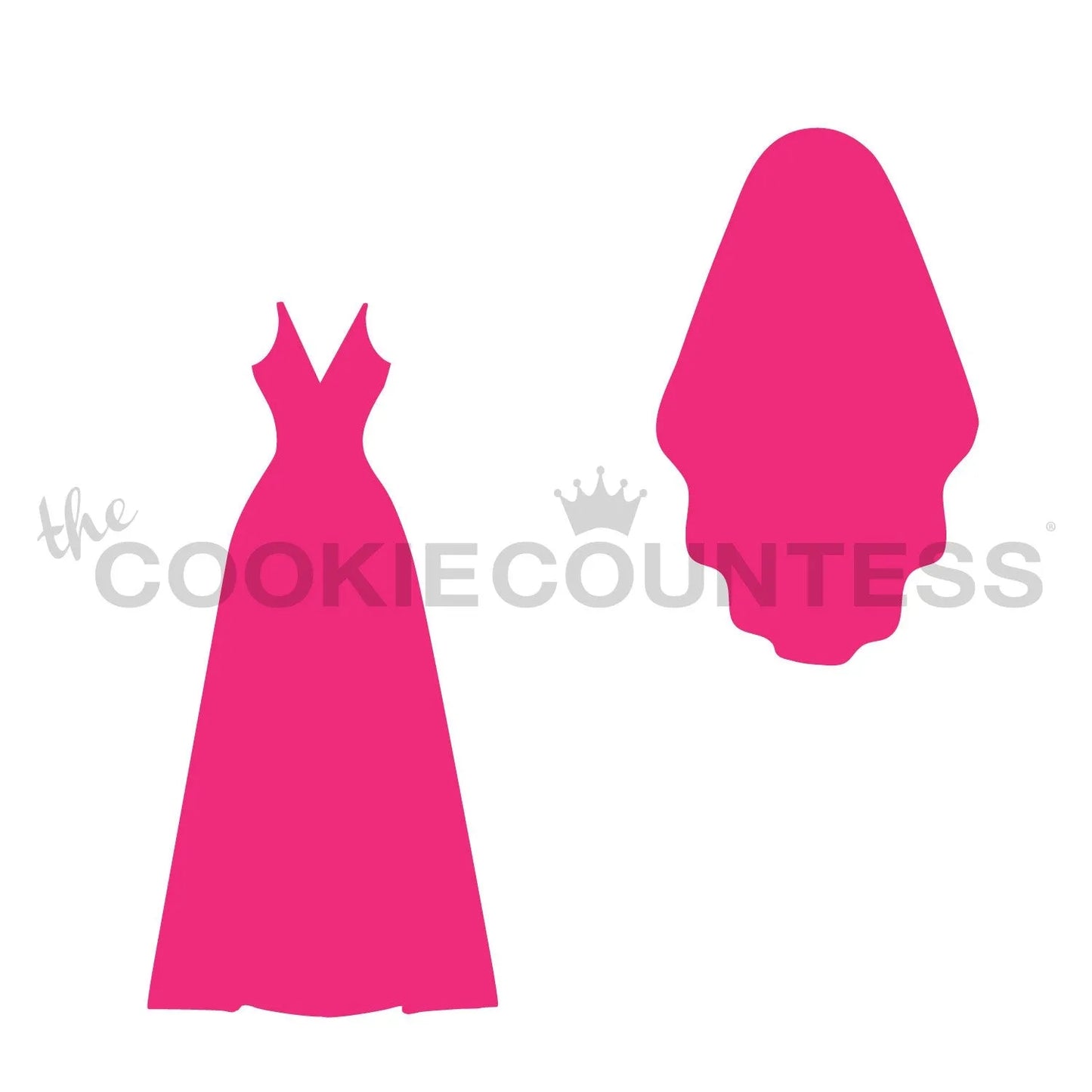 The Cookie Countess Wedding Dress Making stencil set met roze lange A-lijn trouwjurk en bruidssluier silhouetten voor het decoreren van bruiloft-thema koekjes met airbrush of royal icing