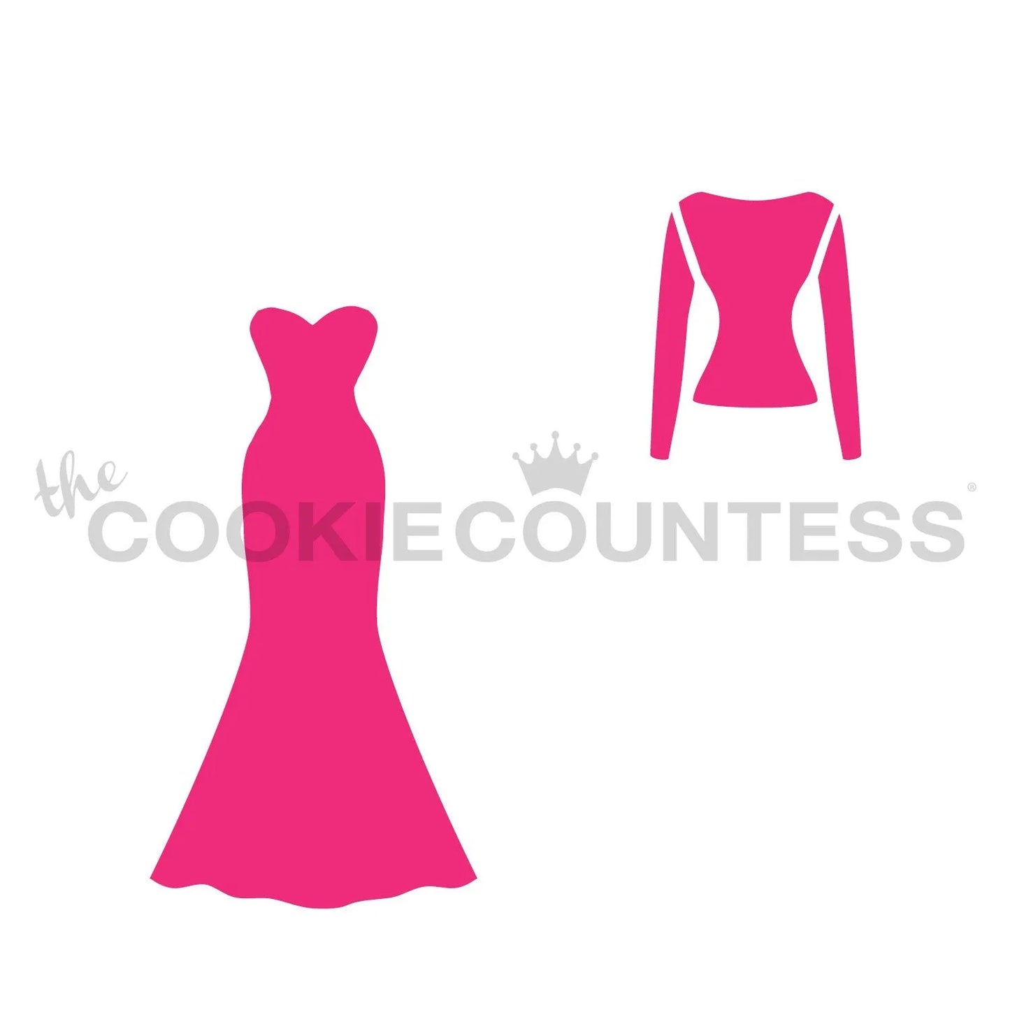 The Cookie Countess Wedding Dress Making stencil set met roze zeemeermin avondjurk en topje met lange mouwen silhouetten voor het decoreren van mode en bruiloft-thema koekjes